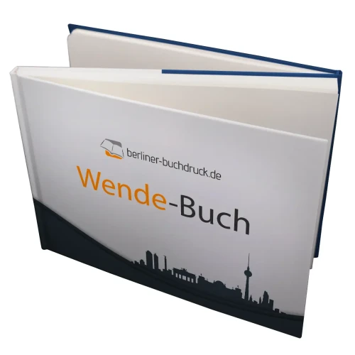Spezialbindung: Geöffnetes Hardcover-Wendebuch, das von zwei Seiten bedruckt und lesbar ist.